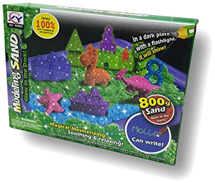 Sable Magique Phosphorescent pour Le modelage. 800 GR. 2 Couleurs. avec 6 moules Dinosaures et 8 moules Animaux Marins. Comprend Pelle, râteau et Plateau de Jeu Gonflable.