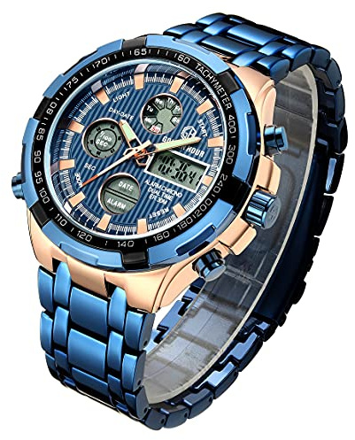 Affute Montre numérique et analogique pour Homme Dorée en Acier Inoxydable Lourd Sport Multifonctions, chronographe, étanche, Fonction Date, Alarme