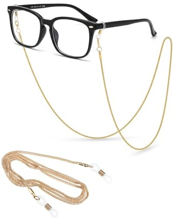 SPORTS WORLD VISION Metallbrillenhalterschnur (Goldfarbe) 700 mm verstellbare Brillenkette mit rutschfesten Gummienden für Männer und Frauen - 1 Stück