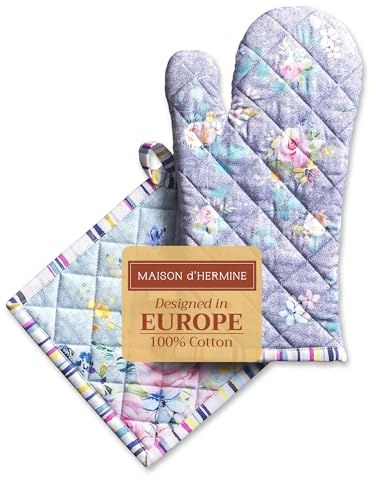 Maison d' Hermine Sweet Rose Lavender Set aus Ofenhandschuhen (19 cm x 33 cm) und Topflappen (20 cm x 20 cm), 100% Baumwolle, zum Grillen, Ostern