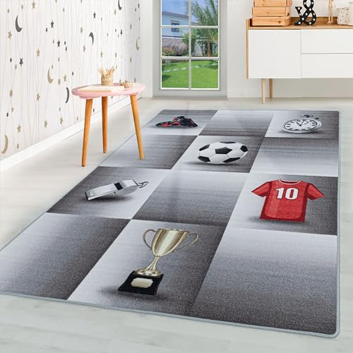 HomebyHome Kinderteppich Grau 160x230 cm Fußball-Design Modern rutschfest Waschbar Pflegeleicht Extra Weich Antiallergen Babyteppich Kinderzimmer Jungen Teppich