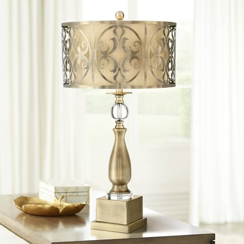 Possini Euro Design Doris Traditional Table Lamp 30 1/2 with USB Dimmer Tall Brass Metal Candlestick Double Drum Shade for Bedroom Living Room House Home Bedside Nightstand Office Entryway Kids