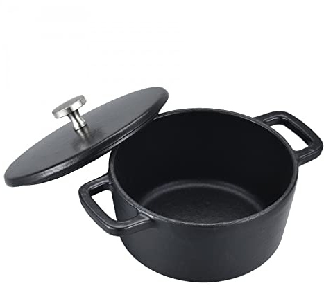 BAUMALU, Mini cocotte ronde avec couvercle, en fonte émaillée, design Black Design élégant, diffusion optimale de la chaleur, parfaite pour portions individuelles, 14 cm, noir