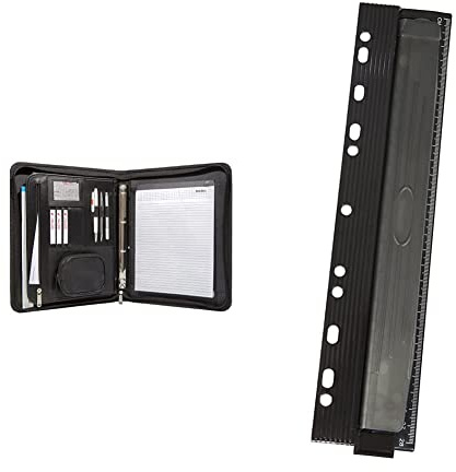 Genie A4 Schreibmappe mit herausnehmbarem Ringbuch schwarz & PP-4M Vierfachlocher zum Abheften (Metallstanzen, mit integriertem 28 cm Lineal und Auffangbehälter) schwarz