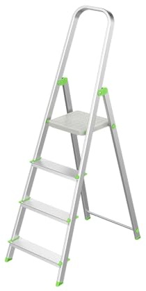 KEROPPA Escalera de Tijera Plegable Marca Española Escalera de Aluminio 4 peldaños con Gancho de Pared Multiusos Antideslizante Ligera y Resistente Escalera Doméstica Fácil Transporte