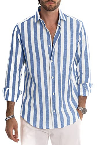 Meilicloth Men's Casual Long Sleeve Button Down Striped Shirt Regular Fit Beach Yoga Work Linen Fashion Shirts for Men Adult