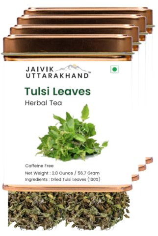 Jaivik Uttarakhand - Tulsi Herbal Tea (08 oz/226.8 g) Holy Basil Loose Leaves, Non-GMO, Calm & Relaxing Caffeine-Free Drink, Pack of 4 Tin Can