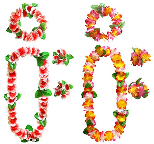 AWCIGG Hawaii Kette Set, Weiß Rot Orange Rosa Hawaii Blumenkette Stirnband und Armband, Blumenkette mit Grünen Blättern, Hohe Dichte Hawaii Kette Blumen, Hawaii Luau Beach Party Dekorations