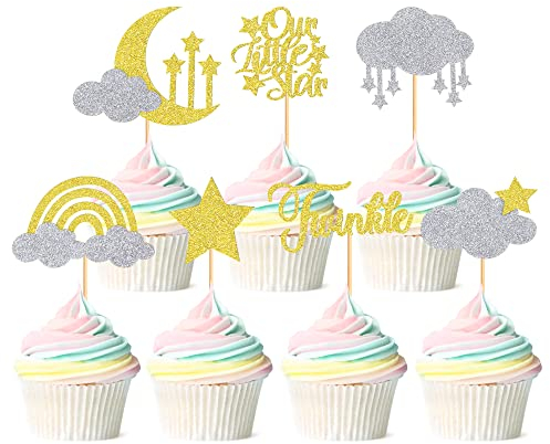 Blumomon 24Pcs Twinkle Star Cupcake Toppers with Moon Cloud Assembled Gold Glitter Little Star Cupcake Food Picks Baby Shower Kids Birthday Wedding Party Cake Decorations Supplies