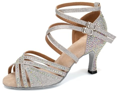 RUYBOZRY Women's Latin Dance Shoes Open Toe Rhinestones Salsa Bachata Performance Ballroom Dancing Shoes,YC-D27-Suede Sole-3”Heel,Silver,US 8