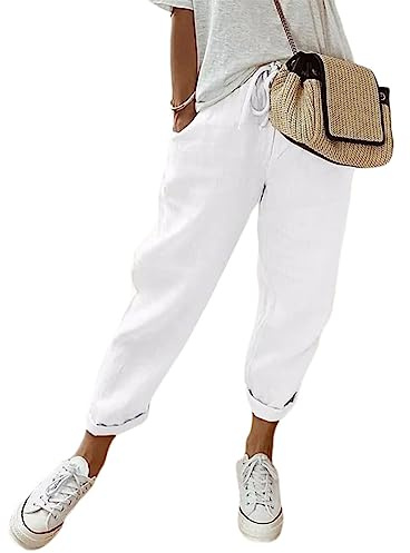 shownicer Pantalon en Coton et Lin pour Femmes Pantalon Décontracté Taille Haute à Taille élastique avec Cordon de Serrage Baggy Confortable Pantalon de Plage avec Poches A Blanc L