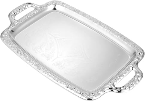 BESTonZON Silver Serving Tray 39 x 23 cm Oblong Metal Platter with Handles Decorative Rectangular Coffee Table Vanity Tray for Kitchen Dining Drinks Snacks Vintage Retro Platter