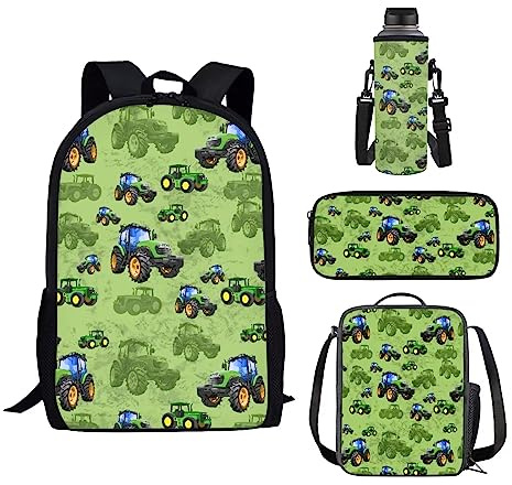 xixirimido 4-teiliges Kinder-Schulrucksack-Set, isolierte Lunchtasche, Federmäppchen, Wasserflaschenträger, Traktor, Einheitsgröße, Lässiger Tagesrucksack