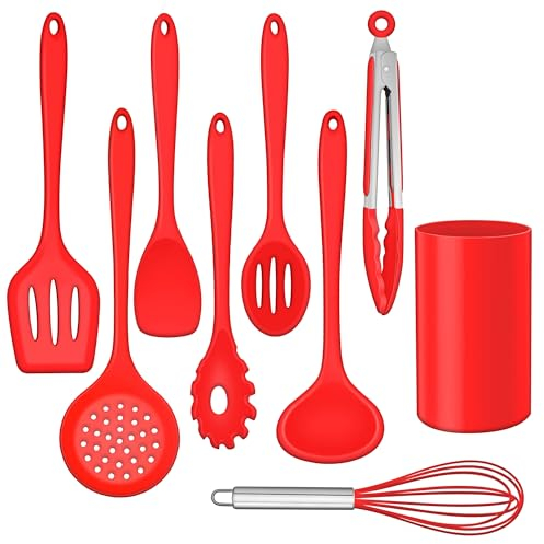 HaWare Lot de 9 ustensiles de cuisine en silicone résistants à la chaleur - Antiadhésifs - Avec porte-ustensiles - Passe au lave-vaisselle - Rouge