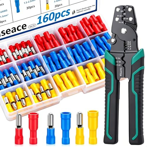 smseace 160pcs Bullet Wire connectors with Stripping/Cutting/Crimping Tool 22-10AWG Insulated Male/Female Bullet Connector kit for Automotive Boat Stereo Industrial Equipment