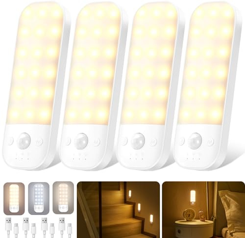 Motion Sensor Lights Indoor, USB Rechargeable LED Night Light, 3 Modes | 3 Color Temperatures, Stepless Dimmable, with Removable Magnet Sheet, Stick-On Cupboard Lights, Wardrobe Lights, 4 Pack