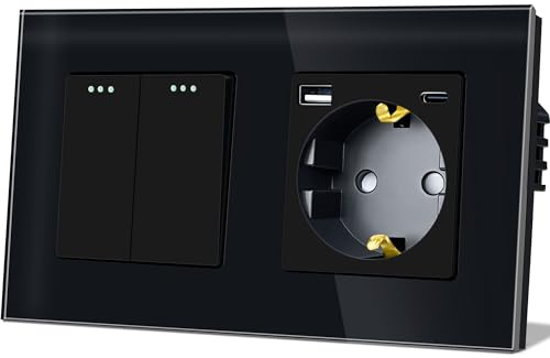 TAWOIA Lichtschalter mit Steckdose 2 Fach 1 Weg Glas Platte Unterputz Taste Schalter mit Schuko Steckdose mit（MAX.20W) USB and Type C Schwarz 86 * 157mm Wechselschalter