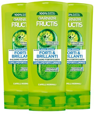 Garnier Fructis Kräftigende und glänzende Balsam für normales Haar mit Grapefruit-Extrakt, Vitamin B6, Niacinamid, kräftiges und glänzendes Haar, 3 Flaschen à 200 ml
