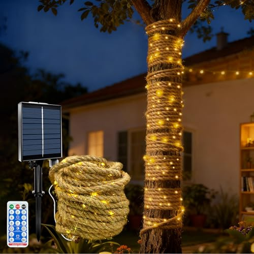 MEDOYOH 10M Solarseil Lichterkette mit 200 LEDs, Solar Hanfseil Lichterkette mit 8 Beleuchtungsmodi, Diming Adjust Timer Wasserdicht für Gartenterrasse Balkon Schaukel Stamm Dekor