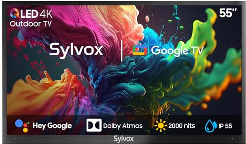 SYLVOX Utomhus-TV 55 tum QLED 4K UHD 2000nits Smart Google TV, HDR10, Dolby Atmos, väderbeständig utomhus tv, Google Assistant, Chromcast, Google Play Trippel-Tuner, 60 HZ, HBBTV Pool Pro 2.0 QLED