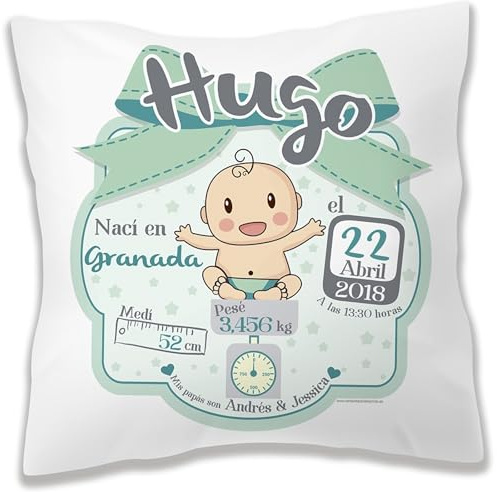 Cojín personalizado NATALICIO MENTA. Regalos para recién nacido - Regalos para bebés - Regalos personalizados. INCLUYE RELLENO - TARTAS DE PAÑALES Y MÁS