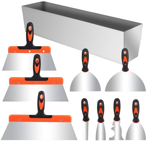 Set di 10 Spatole per Stucco, Spatole in Acciaio Inossidabile per Stucco, Frattazzo per stucco con Manico Antiscivolo in Plastica, Spatola Multiuso and Vaschetta Portaintonaco