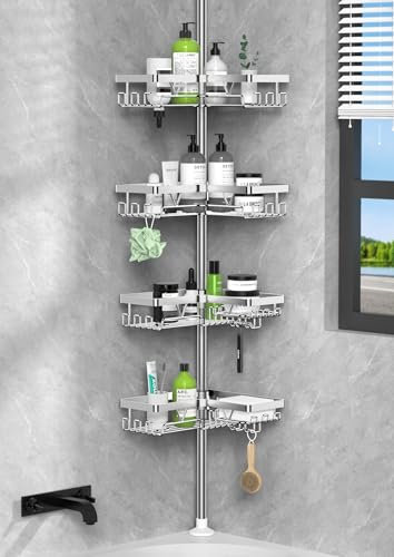 Kegii Duschablage, Teleskop Duschregal ohne Bohren, Eckregal Teleskopregal Badezimmer Organizer Edelstahl, Höhenverstellbar für Duschecken Silber