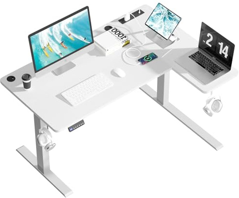 COWISH Electric Standing Desk 120x60cm Sit Stand Table Height Adjustable L Shaped Standing Desk with Built-in Power Outlet & Memory Smart Panel, White