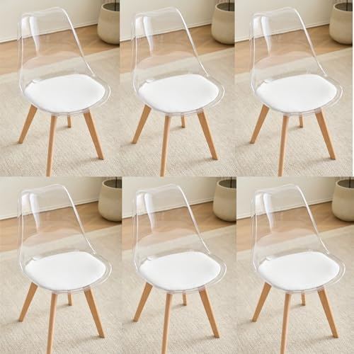 JZGORC Set mit 6 Esszimmerstühlen, gepolsterter Esszimmerstuhl mit transparenter Rückenlehne, moderner einfacher Esszimmerstuhl, Küchenstuhl mit Beinen aus Buche, weißes PU-Leder