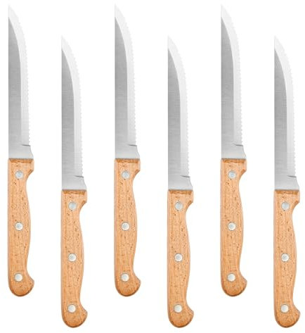 Joyfair Steak Knives Set of 6, Stainless Steel Sharp Steak Knife Set, Kitchen Serrated Dinner Cutting Utensils with Wooden Handle Ideal for Chicken Fish Bread Cake Vegetable in Home/Restaurant, 22cm