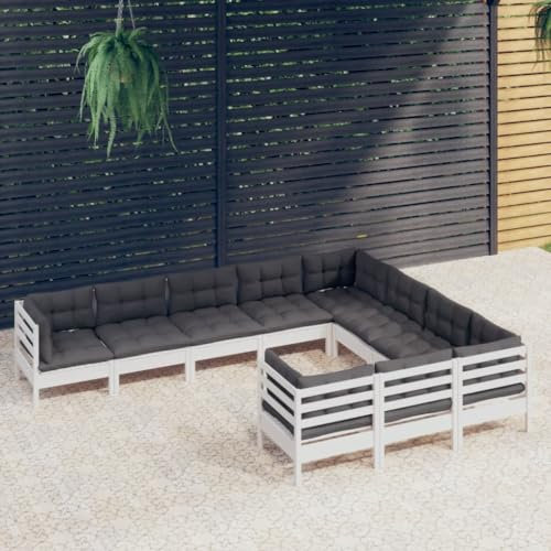 KATERYY 10-TLG. Garten-Lounge-Set mit Kissen Weiß Kiefernholz,Massives Kiefernholz Loungeset für Garten & Terrasse mit anthrazitfarbenen Sitzkissen