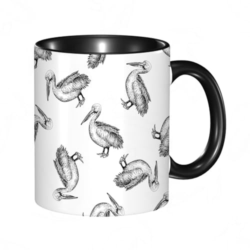 EKLMPS Tazas de Café,Taza de Cerámica para Té y Café,330ml/11oz,Regalos original,Aniversarios,nupical,desayuno,Románticos,Patrón de pelícano estilo boceto dibujado a mano.