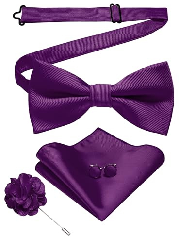 JEMYGINS Pajarita de sarga para hombre en color liso con gemelos cuadrados de bolsillo y flores arreglo set de regalo para fiestas, negocios y bodas
