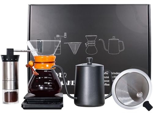 Kit de café para verter sobre café, herramienta de preparación manual de 5 piezas, molinillo de café, papel de filtro reutilizable, hervidor de vidrio, hervidor de cuello de cisne, excelente regalo de