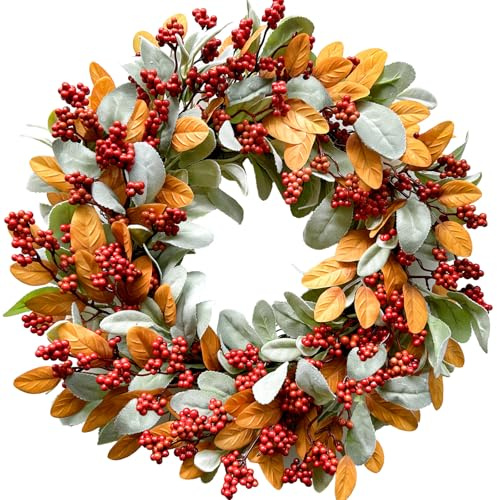 CIR OASES 18-inch Fall wreath Handcrafted Orange Green Rabbit Ear Leaves Red Berry Wreaths Thanksgiving Harvest Festival Halloween Party Decoration Front Foor Corridor Courtyard Home Decoration