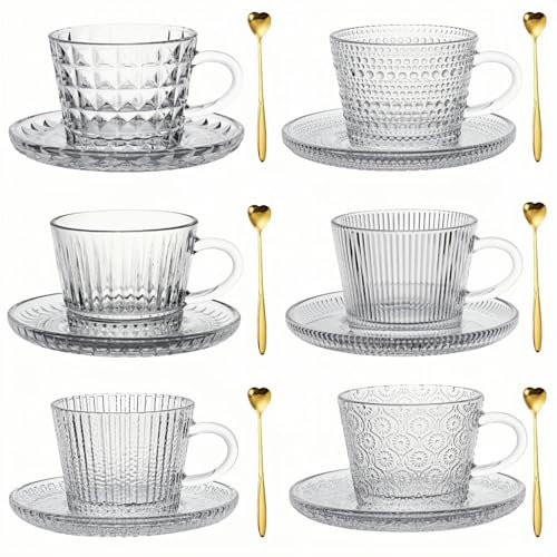 Set di 6 tazze in vetro con piattino e cucchiaio, set di tazze da caffè in vetro trasparente, per latte, caffè, cappuccino e tè