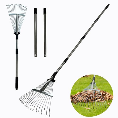 Justerbar trädgårdsmetallkratta för löv 【Dubbel användning kratta: Liten och stor】, Bärbar gårdsbladskratta med expanderbart huvud 20 cm – 43 cm, långt handtag 86 cm – 172 cm för trädgårdsskötsel