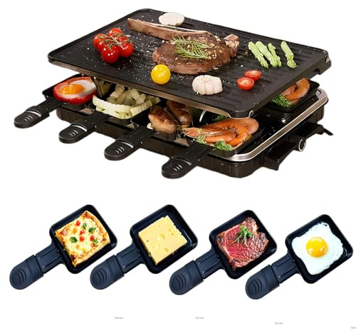 Gzchaox Raclette Table Grill, Electric Korean BBQ Grill, 2-in-1 Nonstick Electric Griddle with 8 Raclette Cheese Pans, Adjustable Temperature Control, 1300W, Ideal for Family and Party Fun