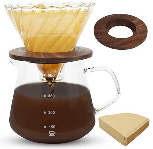 Aramanara Pour Over Coffee Maker 600 ml Clear Borosilicate Glass Coffee Carafe, Drip Coffee Maker with 100 pcs Paper Filter and Walnut Handle for Cafe Home Restaurant