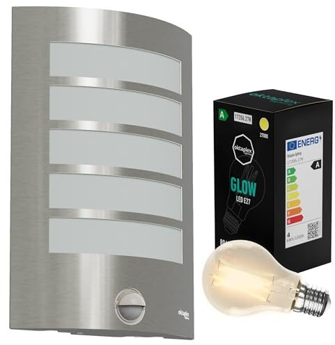 Oktaplex Alto Aussenlampe mit Bewegungsmelder Edelstahl gebürstet IP44 230V | inkl. 1x E27 2700K 806lm 2,5W LED Lampe, Außenbeleuchtung für die Wand