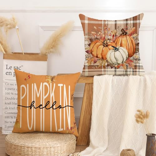 Funda de Cojín con Decoración Otoñal, Calabaza Naranja, Hoja de Arce, Cuadros, Funda de Cojíns Decorativa para Sofá, 40 x 40 cm para Sillón, Dormitorio, Halloween, Acción de Gracias, Juego de 2