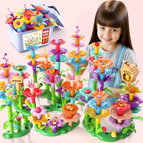 BLmukce 148PCS Flower Garden Building Toys for Girls Boys Age 3-5, Creative Floral Arrangement Playset with Storage Box, Educational Garden Toys for Toddlers