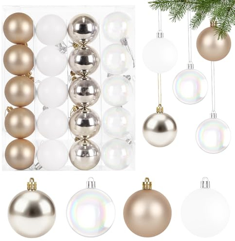 6CM Perlglanz Weihnachtskugeln Set,20 Stück Christbaumkugeln Kunststoff Champagner & Weiß Weihnachtsbaumkugeln Bruchsicher Weihnachtsdeko mit Aufhänger Weihnachten Deko Kugeln