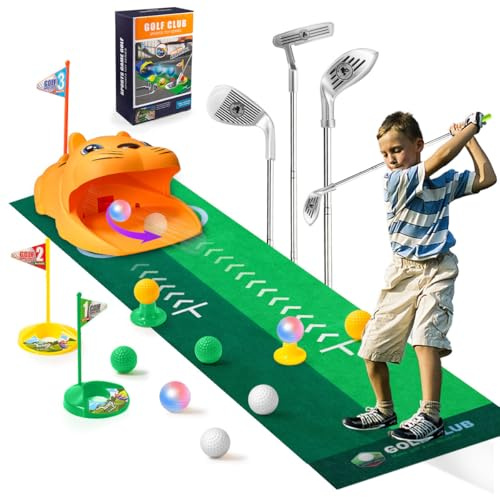 Kazaigou 18 stycken minigolf set leksaker för barn, barn golfspel inomhus utomhus golfväska spel set med 3 färgglada golfklubbor, 8 bollar, puttmatta leksaker för pojkar
