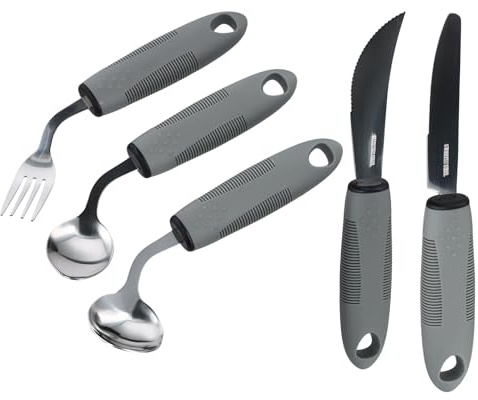 Set de Cubiertos Parkinson para Personas Mayores, 5 Piezas Adaptive Eating Utensils, Antideslizante Cubiertos Easy Grip Acero en Inoxidable para Ancianos, Artritis, Parkinsons y Discapacitados