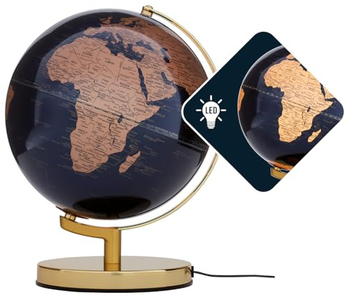 TROIKA Globus beleuchtet 25 cm TERRA LIGHT Licht LED Globus auf antikgoldfarbenem gebürsteten Metallfuß inkl. Ladestecker weicher Filzboden bewegliche Achse in bronzefarben, dunkelblau