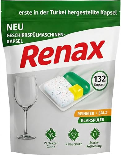 Renax All-in-One Geschirrspül Kapseln | Spülmaschinentabs mit Salz, Klarspüler, Kalkschutz & Fettlösekraft Geschirrspülmaschinen Kapseln - Fettlösekraft, Glas- & Kalkschutz (132, Silber)