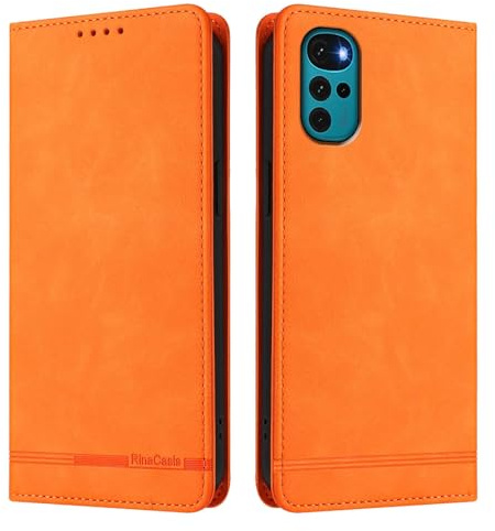 FANFO Funda de Cuero Premium para Motorola Moto G22 – Tipo Wallet Carcasa con Protección RFID, Soporte Multifunción & Cierre Magnético- Naranja