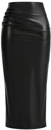 GORGLITTER Women's PU Leather Ruched Bodycon Pencil Skirts High Waisted Split Long Party Rave Skirt Black Medium