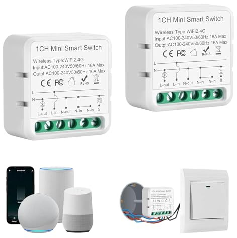 UseeLink Alexa Lichtschalter, 2.4G Wlan Schalter Module, Mini Smart Switch Kompatibel mit Sprachassistent Alexa, Smart Life, Tuya, Eingebauter Lichtschalter, Neutralleiter Erforderlich, 1 Weg,2er-Pack